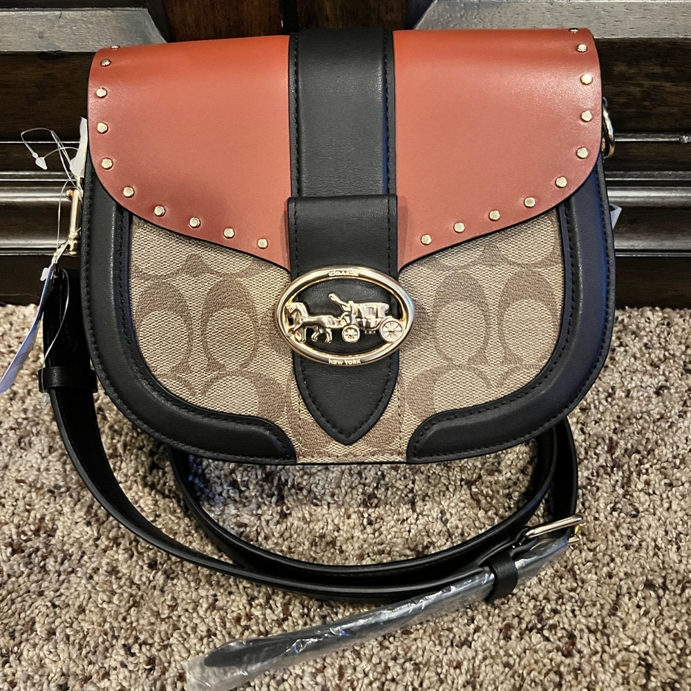 COACH GEORGIE SADDLE BAG IN COLORBLOCK SIGNATURE CANVAS W/ RIDGETS